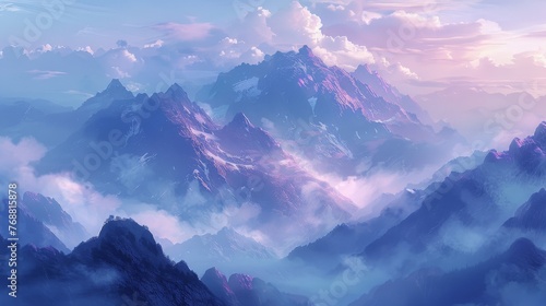 Misty Mountain Dawn: serene scene of distant mountains shrouded in morning mist, with pastel hues of soft lavender and pale blue dominating the sky.