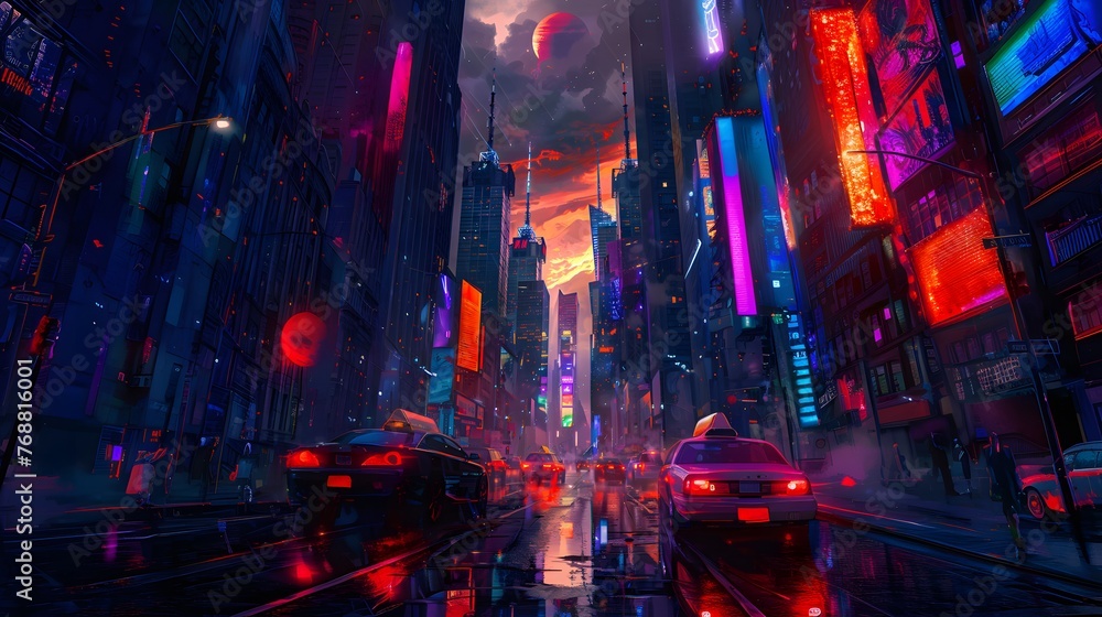 A cityscape with a red sun in the sky. The city is lit up with neon lights and the cars are driving on a wet road. The scene is energetic and vibrant