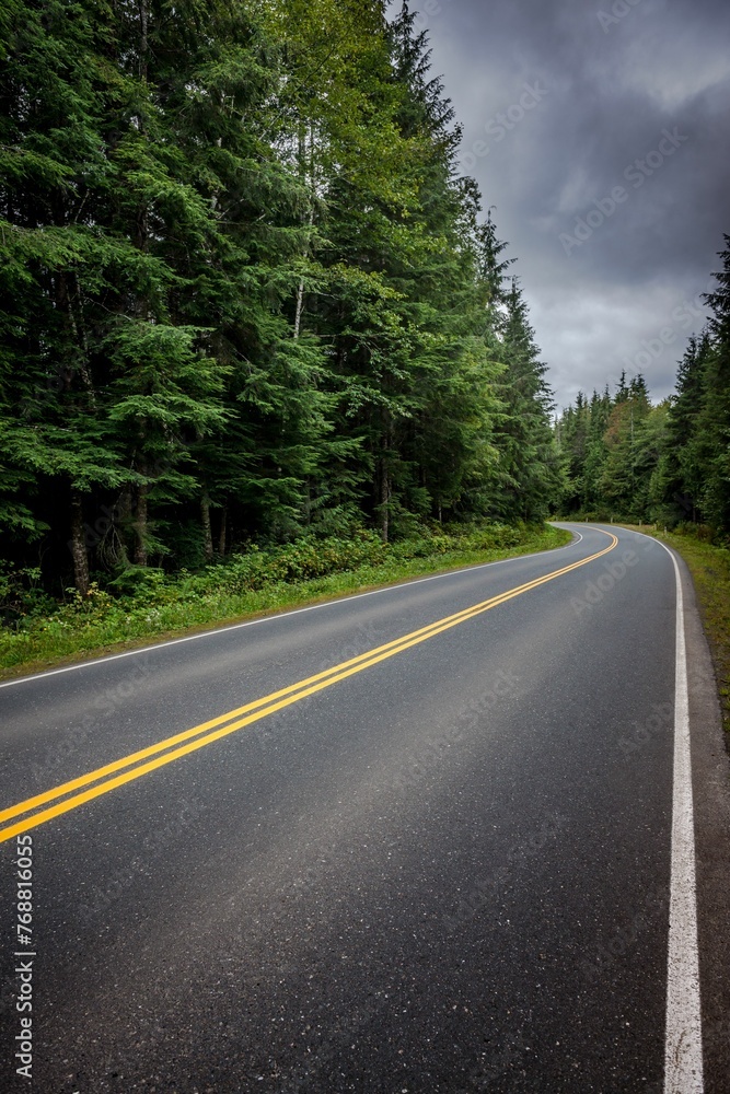 Scenic road with a bright yellow centerline winding through a lush forest. Scenic road with a bright yellow centerline winding through a lush forest.