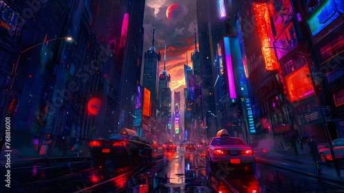 A cityscape with a red sun in the sky. The city is lit up with neon lights and the cars are driving on a wet road. The scene is energetic and vibrant