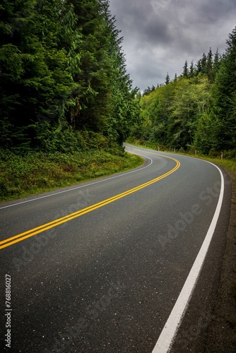 Scenic road with a bright yellow centerline winding through a lush forest. © Wirestock