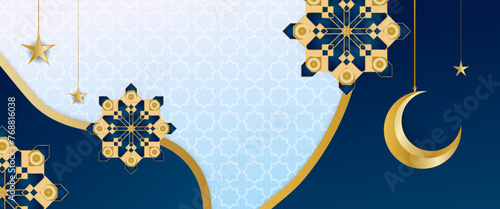 Blue white and gold vector banner for islamic ramadan celebration with lamp and mandala ornament. For greeting card, advertising, discount, poster, background and banner