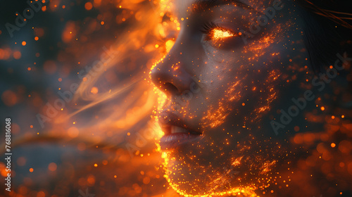 Photo of young girl with fire on her face in quantum reality. Futuristic abstract background. Selective focus. Copy space. Future technology concept. 