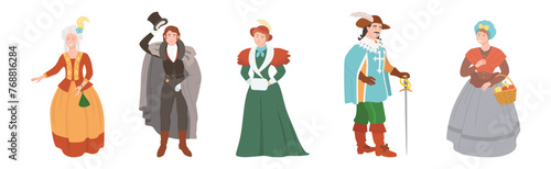 Man and Woman Character Wear Renaissance Traditional European Clothes Vector Set