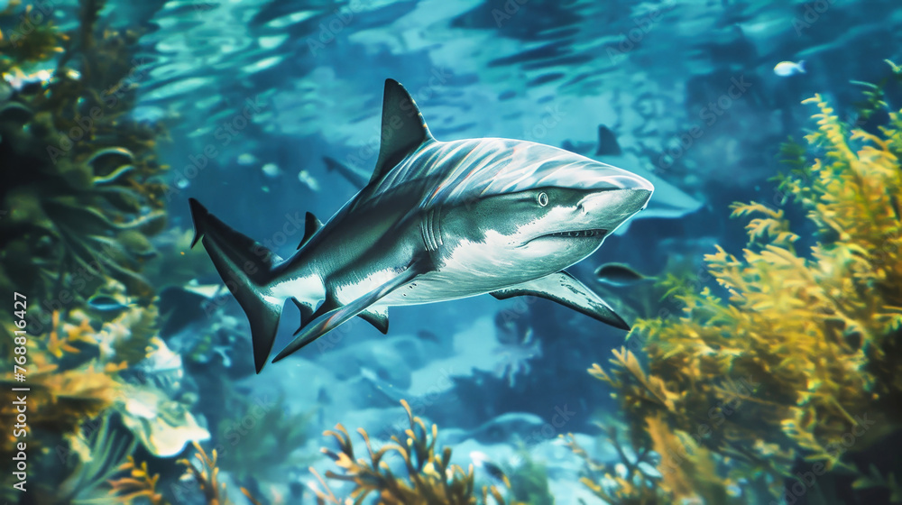 Naklejka premium Shark Swimming Near Coral Reef