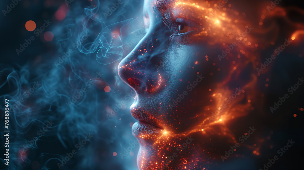 Game virtual reality. Face of girl with fire on dark blue background. Selective focus. Copy space. Future technology concept. Game virtual reality. Face of girl with fire on dark blue background. Selective focus. Copy space. Future technology concept.