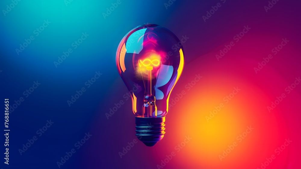 A light bulb is lit up in a colorful background. The light bulb is the main focus of the image, and the colors of the background create a vibrant and energetic mood. Generative AI - obrazy, fototapety, plakaty 