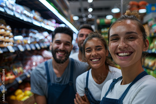 Happy team of smiling men and women staff in a supermarket
 photo