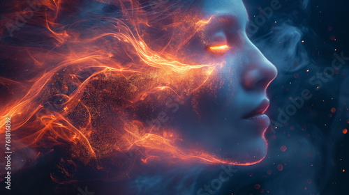 Face of girl with fire on blue background. Quantum reality. Future technology concept. Selective focus. Copy space. Game reality 