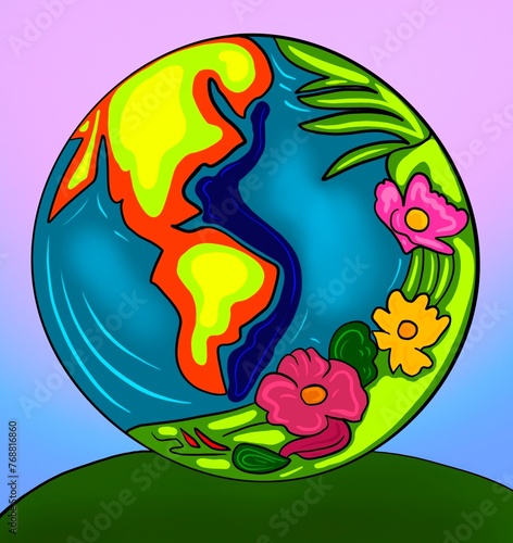 green planet earth bright multicolored planet Earth flowers on planet