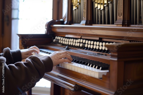 side view of person playing pipe organ photo