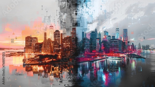 One side featuring a detailed pencil sketch of a city skyline, while the other side bursts with colorful, digital art of the same skyline at night, showing different artistic interpretations. photo
