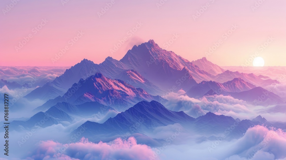 Pastel Peaks in the Clouds: dreamy scene of mountain peaks rising above the clouds, bathed in soft pastel hues of pink, lavender, and pale yellow. Pastel Peaks in the Clouds: dreamy scene of mountain peaks rising above the clouds, bathed in soft pastel hues of pink, lavender, and pale yellow.