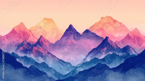 Pastel Peaks in the Clouds: dreamy scene of mountain peaks rising above the clouds, bathed in soft pastel hues of pink, lavender, and pale yellow. © Exnoi