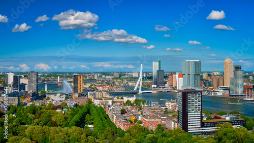 Panorama of Rotterdam city and the Erasmus bridge Erasmusbrug over Nieuwe Maas river from Euromast © Dmitry Rukhlenko