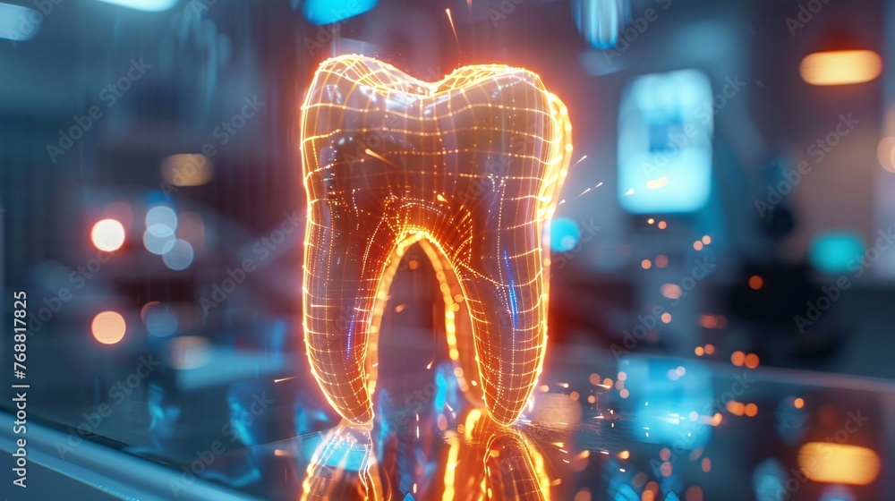 a cutting-edge healthcare illustration showcasing dental technology: A holographic tooth illustration highlighting modern dentistry advancements - obrazy, fototapety, plakaty 
