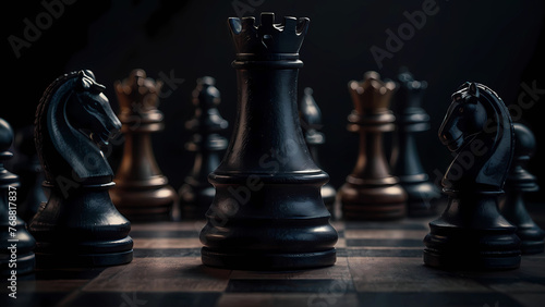 Group of wooden chess pieces on a chessboard