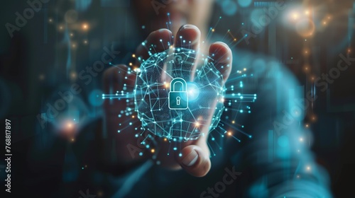 Wallpaper Mural businessman holding the lock button on virtual screens. Internet connection, VPN, data privacy concept. Torontodigital.ca