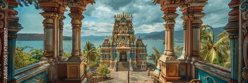 Majestic Hindu temple with jungle and mountains in the background, banner