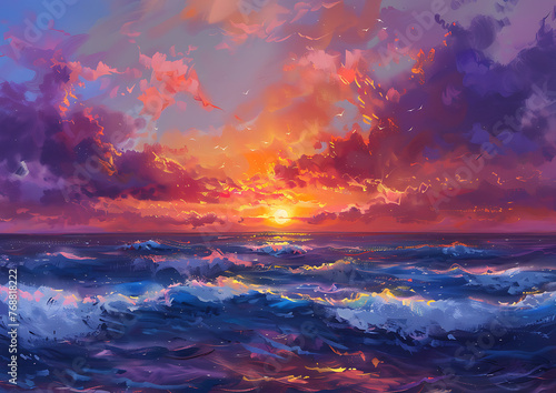 Painting of the sea with waves and sunset in a digital art style