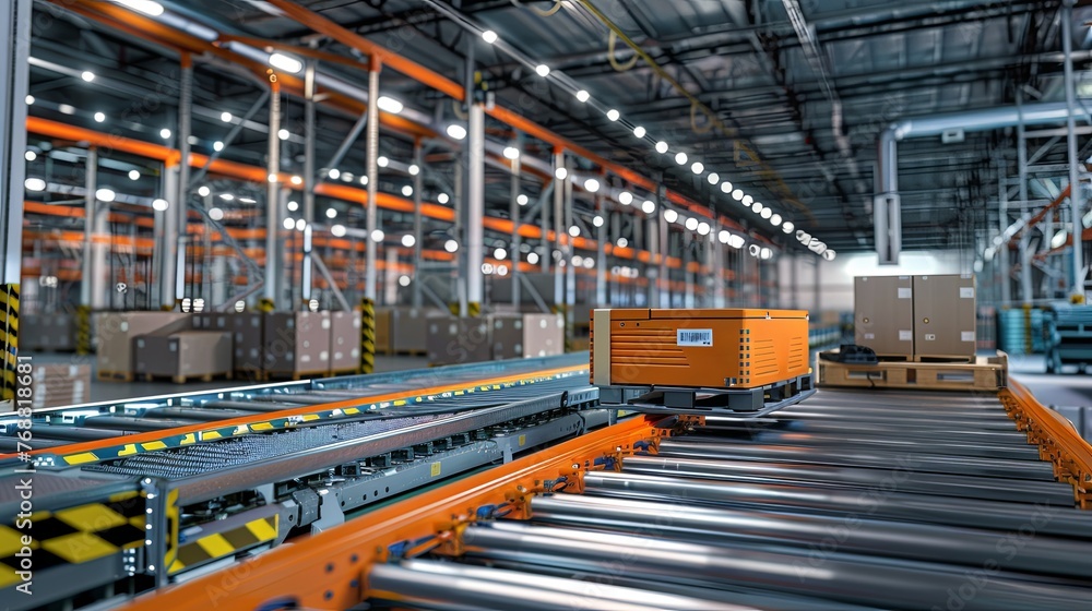Automated orange conveyor system transporting goods inside a modern industrial warehouse with high efficiency. Automated Warehouse Conveyor Systems in Action

