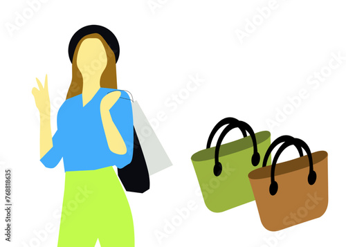 Vector of a female holding shopping bags, with green and brown bag set
