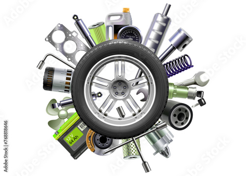 Vector of a car tire surrounded by a variety of automotive parts photo