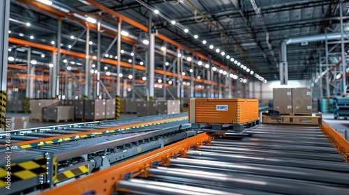 Automated orange conveyor system transporting goods inside a modern industrial warehouse with high efficiency. Automated Warehouse Conveyor Systems in Action