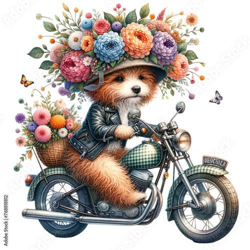 Wild Flower Crown Dog rides a motorcycle Clipart