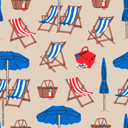 Summer beach set. Beach chairs, wooden deck chair, sun umbrella, picnic basket, sunbed. Hand drawn Vector illustration. Square seamless Pattern. Background, wallpaper. Vacation, relax, holiday concept