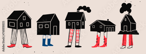 Various black small and tiny Houses. House with human legs. Different pants and shoes. Cartoon comic style. Hand drawn Vector illustration. Isolated design elements. Icon, logo, print, design template © Dariia