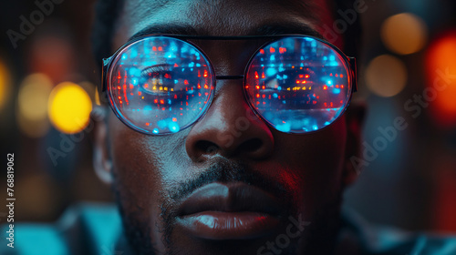 Future technology concept. A black man with virtual reality glasses on transparent background. Selective focus. Copy space 