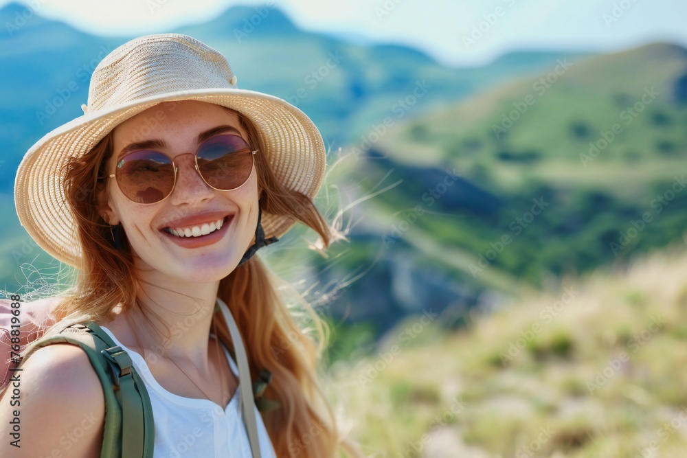 Happy young irish american tourist woman wearing beach hat, sunglasses and backpacks going to travel on holidays on mountains background