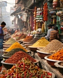 A bustling street scene in a market with piles of vibrant spices, people shopping, and store fronts in the background