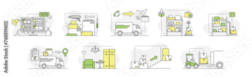 Goods Shipment and Logistics with Cardboard Box Order Line Vector Set