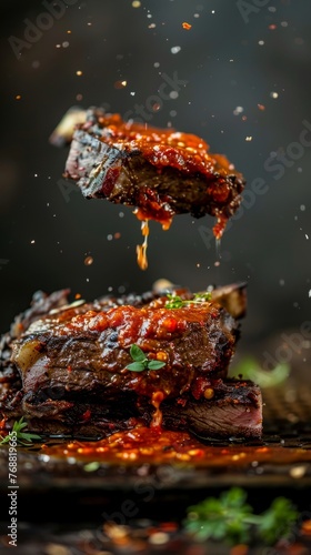 Beef ribs, delicious juicy beef ribs with spices and sauce close-up on a board on a dark background