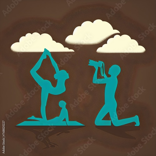 image of two turquoise silhouetted stick figures  one figure doing yoga and other taking a photograph