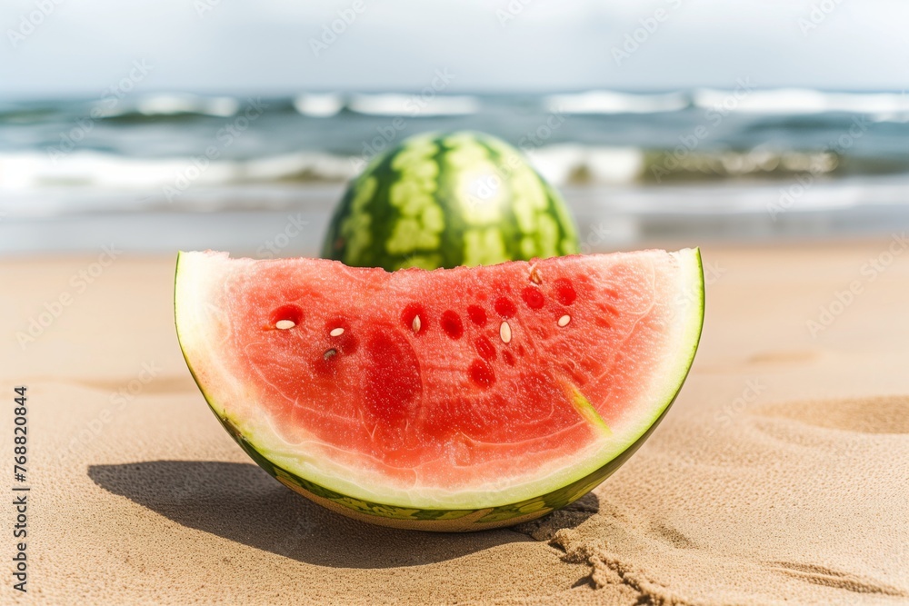 watermelon half on sand with waves in background watermelon half on sand with waves in background