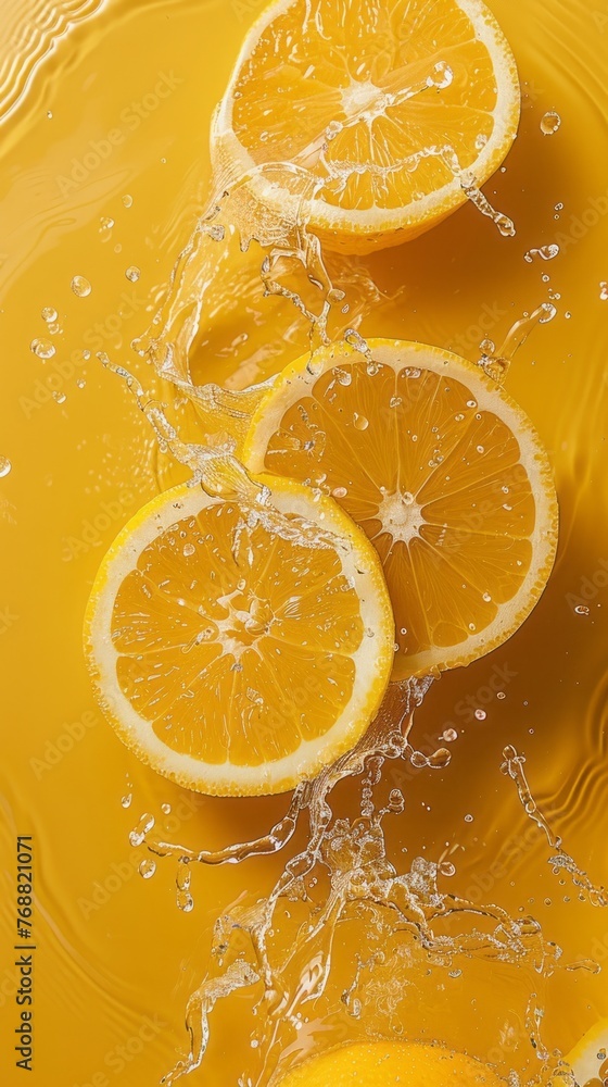 Fresh ripe sliced citrus orange slices in splashes of water, healthy fruit