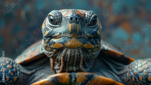 Serene Turtle as a Yoga Instructor: A turtle in a yoga pose, with a peaceful expression, against a serene blue background.