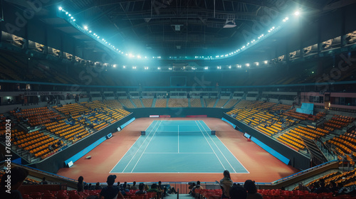 Empty tennis court inside large empty stadium wit tribune for fans. Sport event