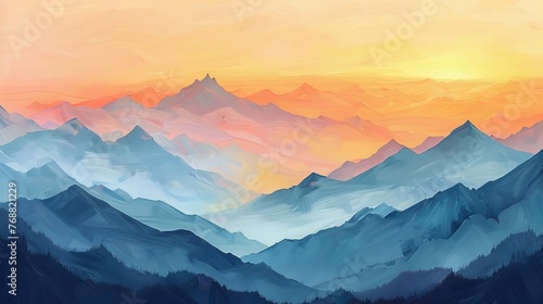 Soothing Sunrise Peaks: image of mountain peaks bathed in the gentle light of sunrise, with pastel hues of peach, coral, and soft yellow painting the sky. photo