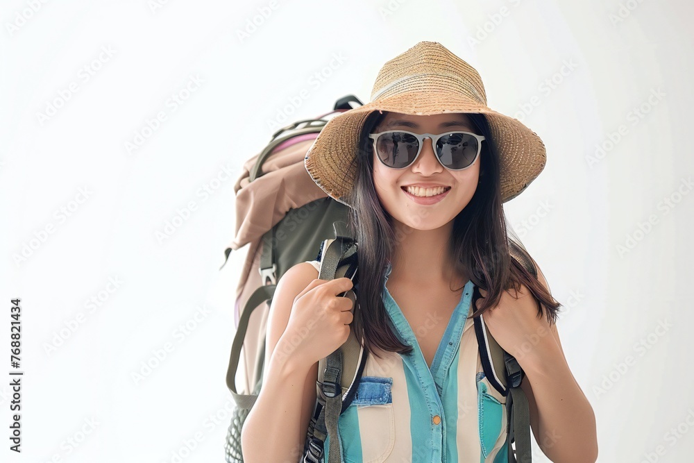 Happy young Asian tourist woman wearing beach hat, sunglasses and backpacks going to travel on holidays on white background Happy young Asian tourist woman wearing beach hat, sunglasses and backpacks going to travel on holidays on white background
