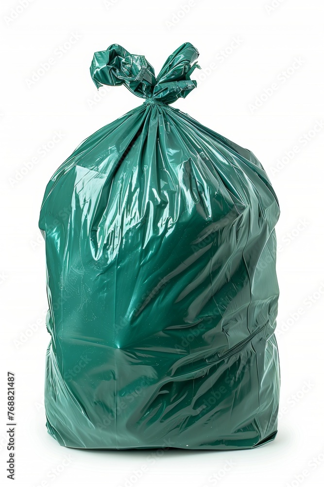 A green garbage bag full of garbage stands on a white isolated background