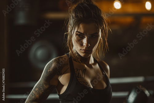 Close-up of young athlete Caucasian woman in black sports top. Tattooed girl boxer with determined look and clenched fists is ready to fight. Combat sports and active lifestyle concept.