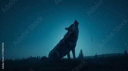 The silhouette of a wolf howling, outlined by an intense outer glow against a night sky, to demonstrate outer and inner glow effects. © Exnoi