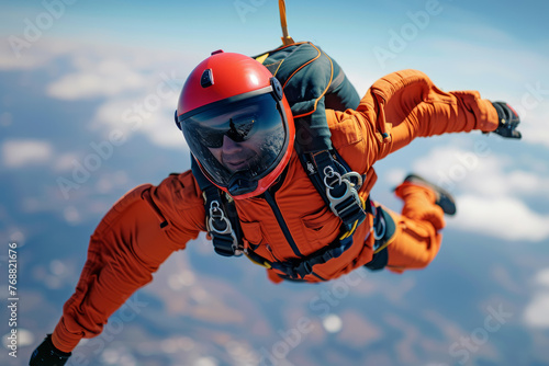 Close-up of a skydiver wearing orange suit and protective helmet in free fall. Athlete with parachute against the blue sky, white clouds and the surface of the earth far below. photo