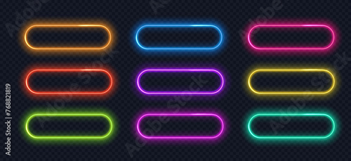 Neon button frame isolated collection. Glowing gradient borders, UI elements, action button.