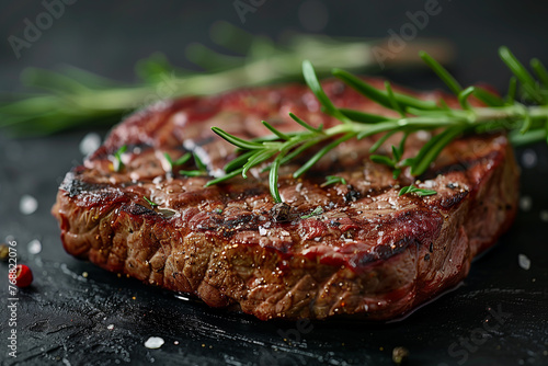 Barbecue rib eye dry aged entrecote steak on stone surface background photo