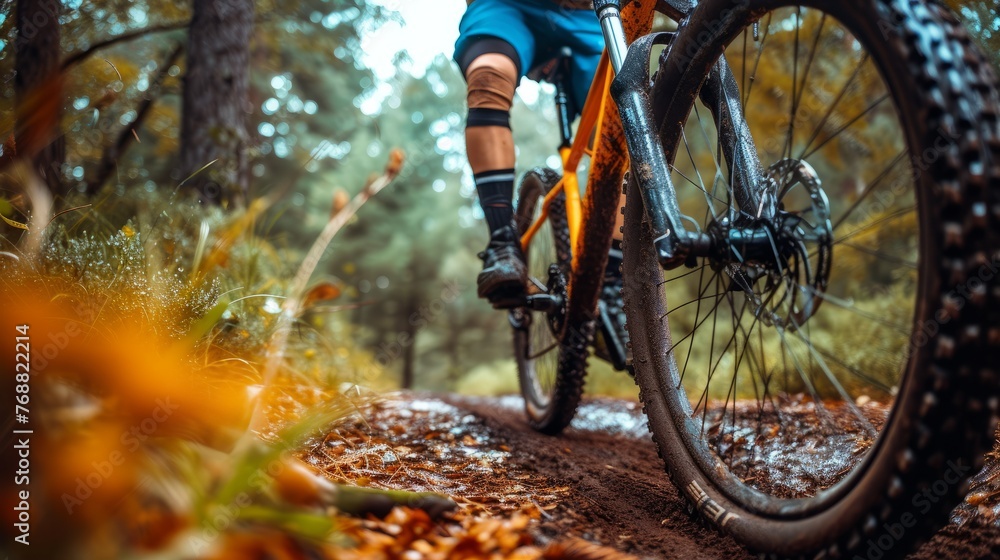 Mountain bike rider riding along country road in autumn forest. Teenager rides a bicycle. Active lifestyle for youth. Low angle view, cropped shot. Mountain bike rider riding along country road in autumn forest. Teenager rides a bicycle. Active lifestyle for youth. Low angle view, cropped shot.